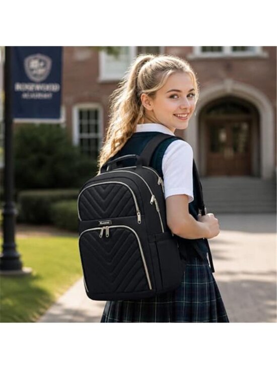 Women Quilted Laptop Backpack 15.6 Inch Anti Theft School Bookbag Black Gold main image 6